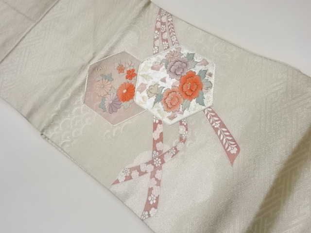 リサイクル　銀彩花に古典柄模様刺繍名古屋帯